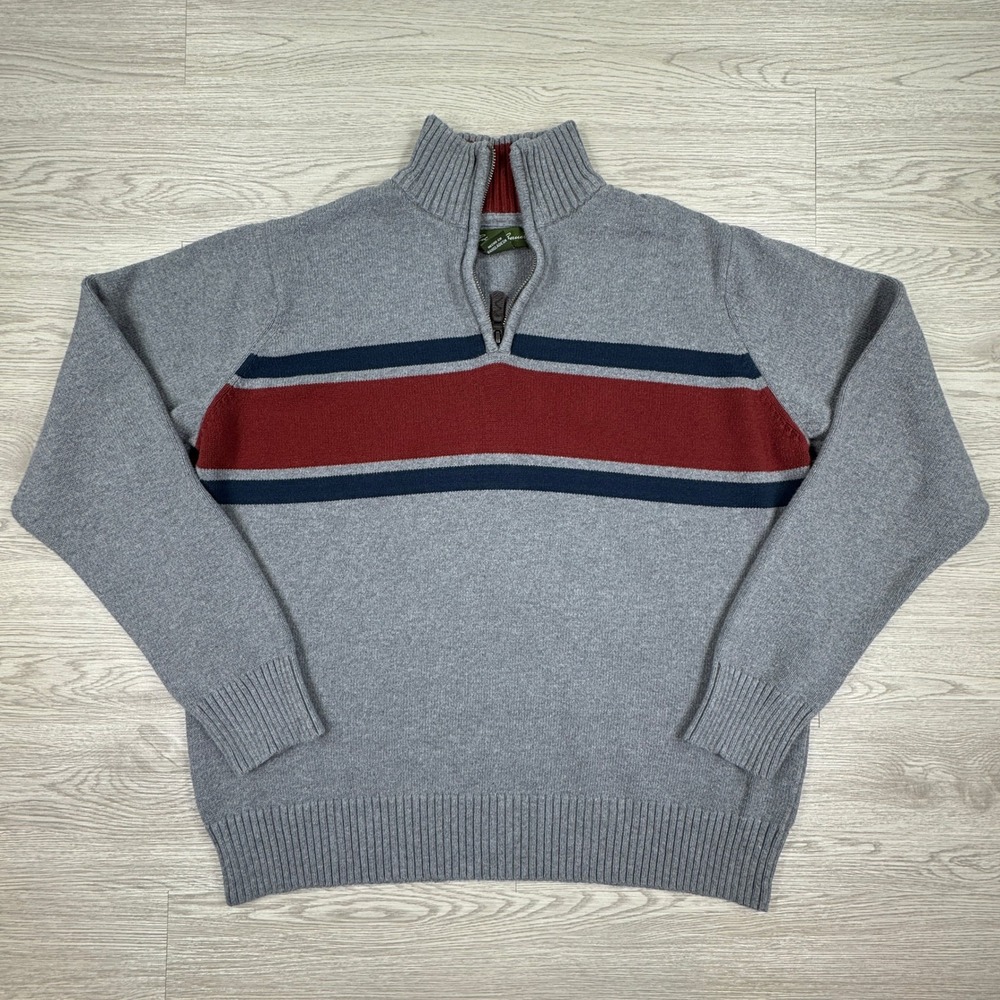 Eddie Bauer Mens Sweater Quarter Zip Gray Red Navy Stripe‎ Large Cotton Pullover